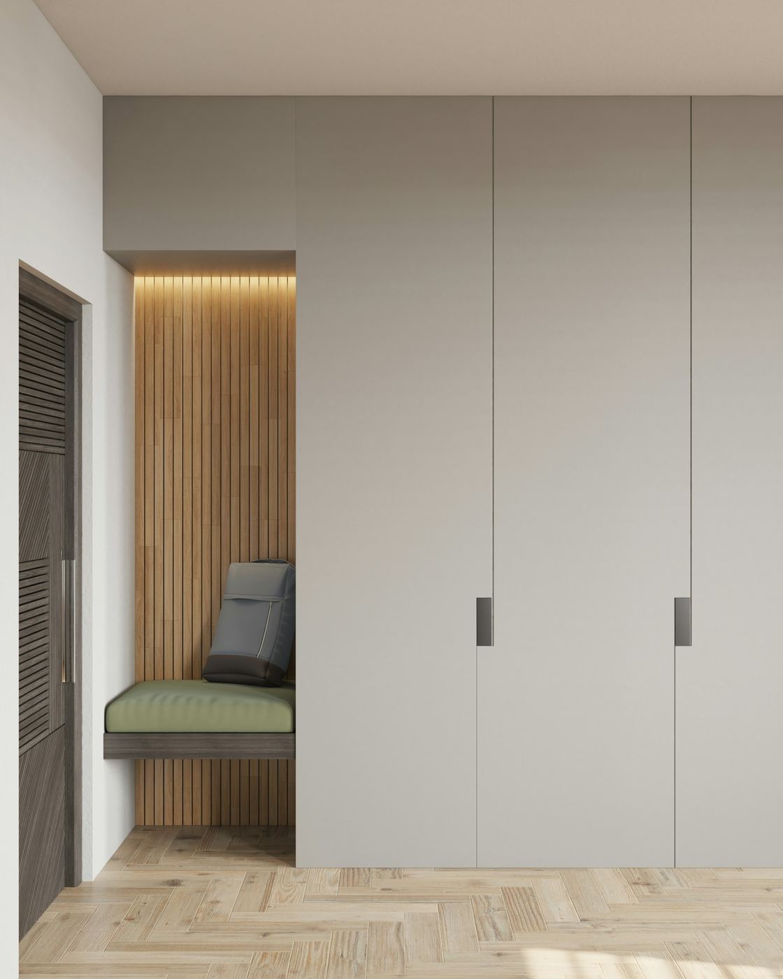 Fitted wardrobes with fluted panel doors and a bench seat beneath the window
